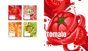 Vector drawn tomatoes in red juicy splashes on a white backdrop