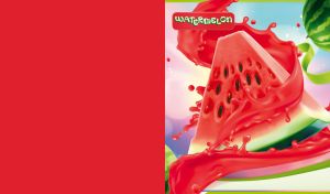 Watermelon in red juicy splashes on a pastel purple-blue background