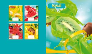 Kiwis in green juicy splashes on a light teal-blue background