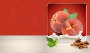 Peaches with mint and cinnamon sticks isolated against a red wallpaper