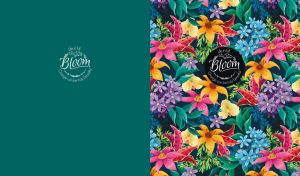 Vibrant tropical floral patterns cover half the space of a teal green backdrop