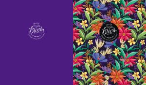 Vibrant tropical floral patterns cover half the space of a dark violet backdrop