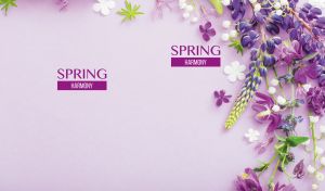 Floral arrangement with purple lupine flowers and snowdrops on pastel violet