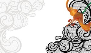 Exotic tawny daylily against a black stencil lace pattern on a white backdrop