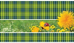 Yellow asters in green grass appears in the middle of a green and lime plaid