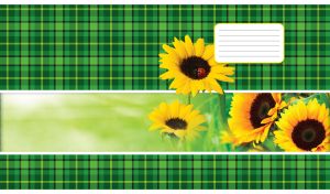 Ladybug on sunflowers in green grass appears in the middle of a green plaid