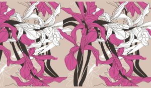 Purple and white lily vector art on a seamless floral patterned beige background
