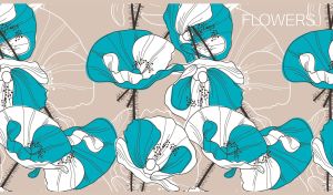 Teal and white lotus vector art on a seamless floral patterned beige background