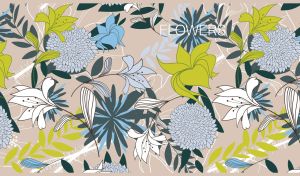 Green and teal flowers vector art on a seamless floral patterned beige background