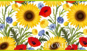 Seamless floral pattern with sunflowers and poppies on a white backdrop