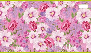 Floral pattern with hollyhocks and peonies on a pink backdrop
