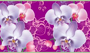 Digital art with moth orchids and seamless floral pattern on purple