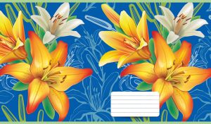 Digital art with tiger lilies and seamless floral pattern on blue