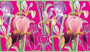 Digital art with irises and seamless floral pattern on fuchsia
