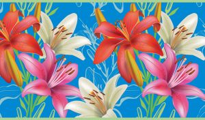 Digital art with lilies and seamless floral pattern on light blue