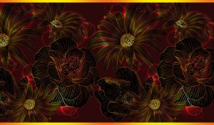 Golden seamless daisy and peony patterns on a dark red-brown backdrop