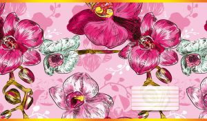 Watercolor orchids on a light pink background adorned with floral pattern