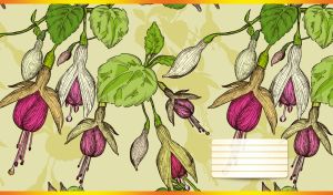 Watercolor fuchsia flowers on a green background adorned with floral pattern