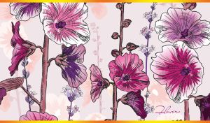Watercolor hollyhocks on a white-pink background adorned with floral pattern