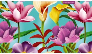 Seamless digital tropical flowers in purple hues on light teal