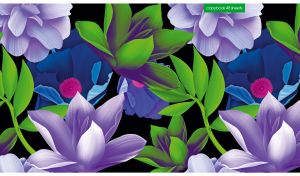 Seamless digital tropical flowers in violet and green hues on black