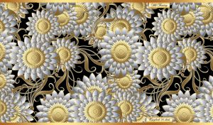 Seamless floral pattern of white and gold sunflowers on a black backdrop