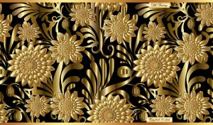 Seamless floral pattern of golden sunflowers on a black silk backdrop