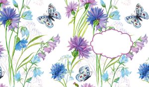 Seamless floral pattern of watercolor cornflowers and butterflies on white