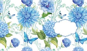 Seamless floral pattern of blue watercolor chrysanthemum and peonies on white
