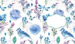 Seamless floral pattern of blue watercolor roses, dragonflies and jays on white