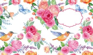 Seamless floral pattern of watercolor peonies and hummingbirds on white