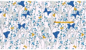Seamless floral pattern with butterflies and blue wildflowers on white