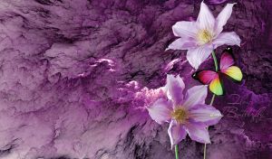 Butterfly on lilac clematis against a canvas with an abstract purple sky