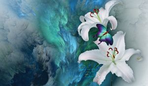 Butterfly on white lilies against a canvas with an abstract teal sky