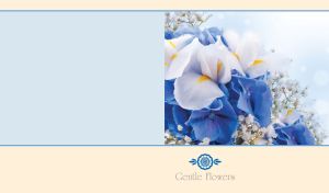 Gentle blue and white irises on pastel blue bokeh and pastel yellow-beige