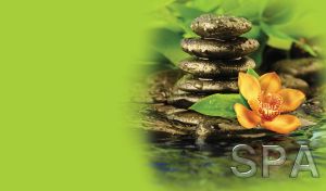 A delicate orange boat orchid lies by the light black stacked spa stones