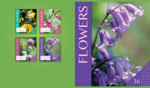 Light purple bluebells on a blurry floral field on a green backdrop