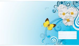 Floral pattern with white cistus flowers and butterfly on pastel blue gradient