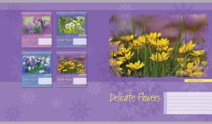 Lesser celandine among the green grass on a pastel violet floral background