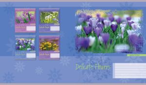 Crocuses among the green grass on a pastel blue floral background