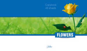 Graceful yellow rose and a ladybug on blue, green and white backgrounds