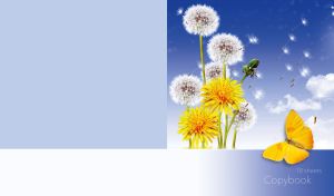 Dandelions and a yellow butterfly against a clear navy blue sky