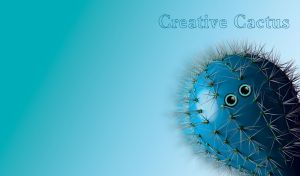 Funny eyes on a blue cactus on a light blue monochrome backdrop