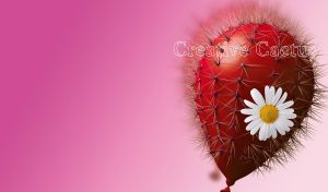 White daisy on a red cactus on a pink monochrome backdrop