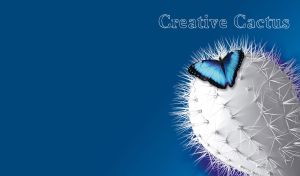 Blue butterfly on a white cactus on a blue monochrome backdrop