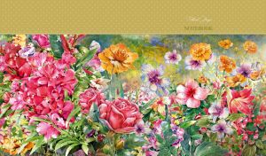 Oil painting of peonies, hibiscuses and roses with an olive polka dot panel