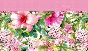 Oil painting of hibiscuses and gardenias with a pastel pink polka dot panel