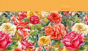 Oil painting of a rose garden with a yellow-ocher polka dot panel