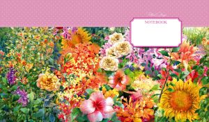 Oil painting of a flower garden with a pastel pink polka dot panel