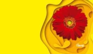 A red gerbera on a yellow 3D paper-cut style wavy background